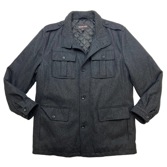 Michael Kors Peacoat Mens L Large Charcoal Wool Blend Button Up Utility Overcoat